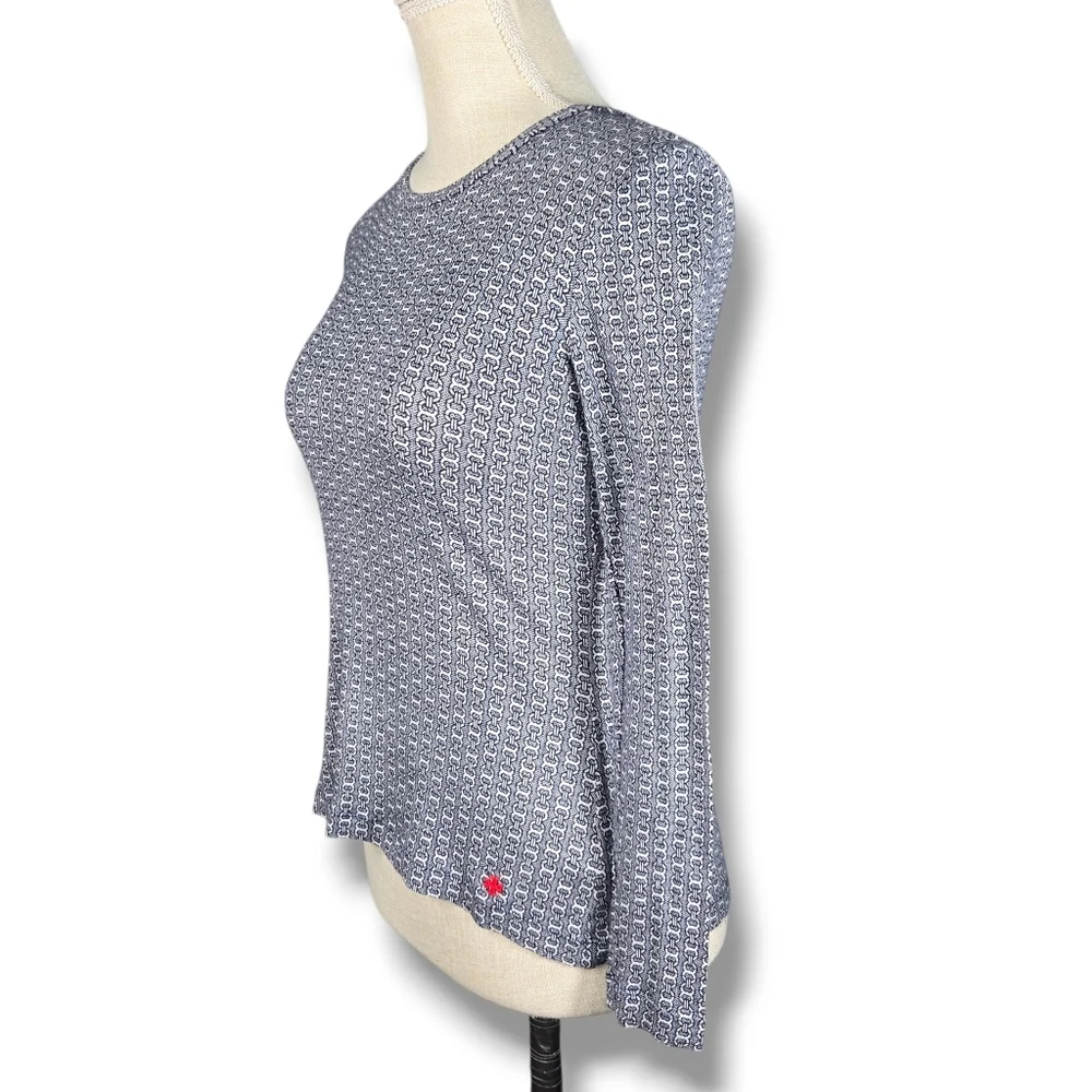 Tory Burch Knit Top Small Navy White Link Print T-shirt Red Metal Logo Womens